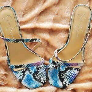 JESSICA SIMPSON BLUE Snakeskin WILLMENA SANDAL Heeled Slip-on shoes Size 7.5